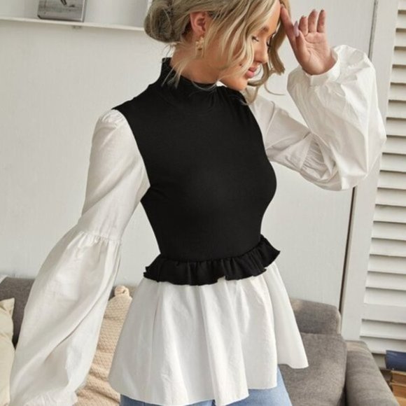 Tops - Mock Neck Lantern Sleeve Two Tone Peplum Top